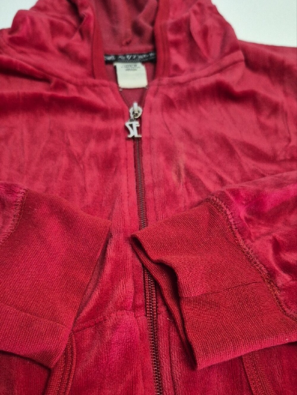 ✨ Self Esteem Red Velour Full-Zip Hoodie ✨ M - Made In USA - Picture 3 of 3